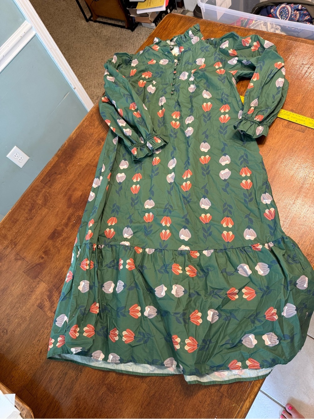 Umgee Green Floral Ruffle Tiered Midi Dress Long Sleeve Size Medium Boho